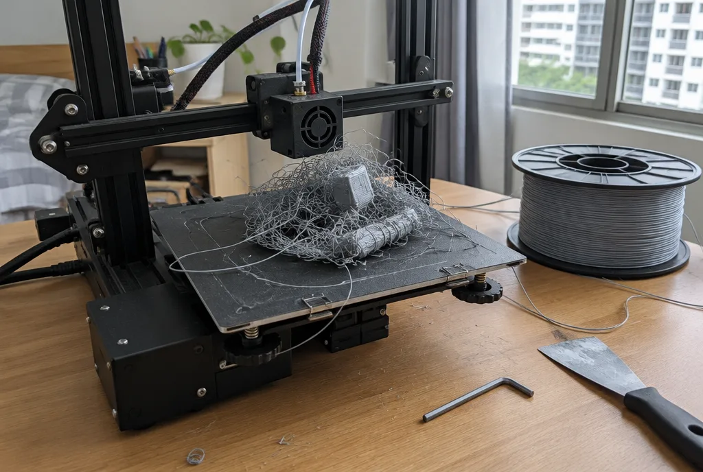 Illustration of a failed print on a home 3D printer: a tangle of loose filament on the build plate, with a scraper and an allen key on the desk