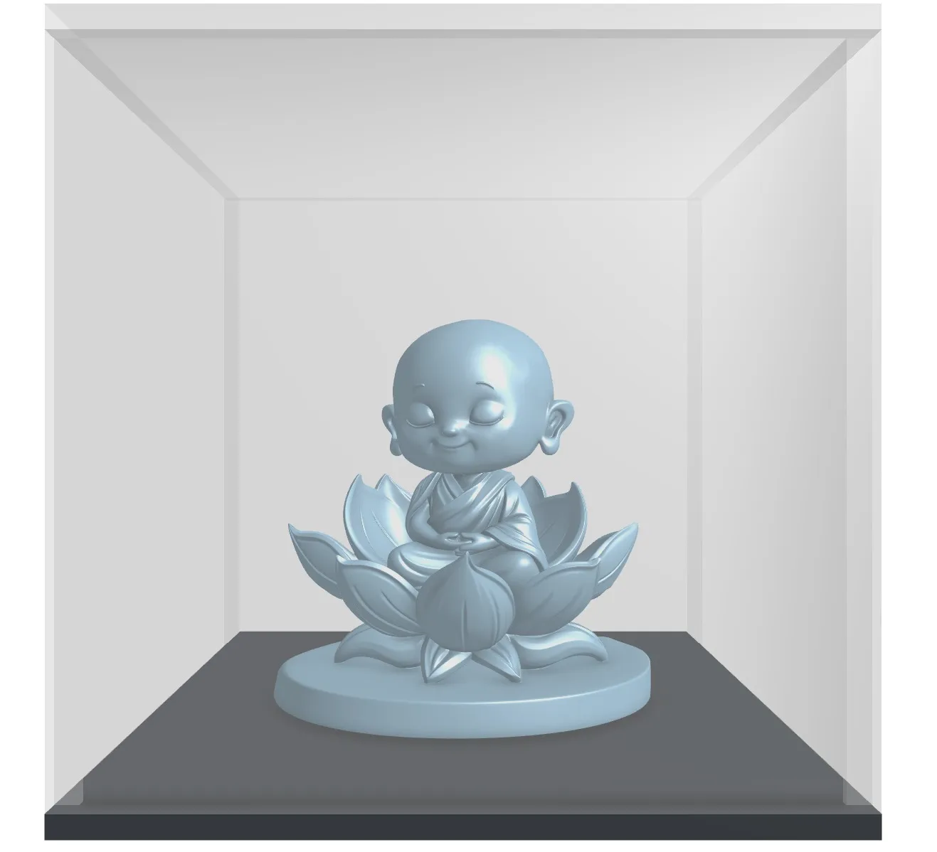 The 3D preview of the monk figurine: a plain grey-blue model of the monk seated on its lotus base, shown inside an outline of its display case