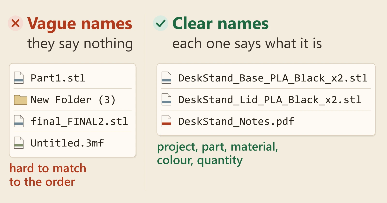 Diagram. A messy file list (Part1.stl, New Folder (3), final_FINAL2.stl, Untitled.3mf) beside a clear set (DeskStand_Base_PLA_Black_x2.stl, DeskStand_Lid_PLA_Black_x2.stl, DeskStand_Notes.pdf) named by project, part, material, colour and quantity.