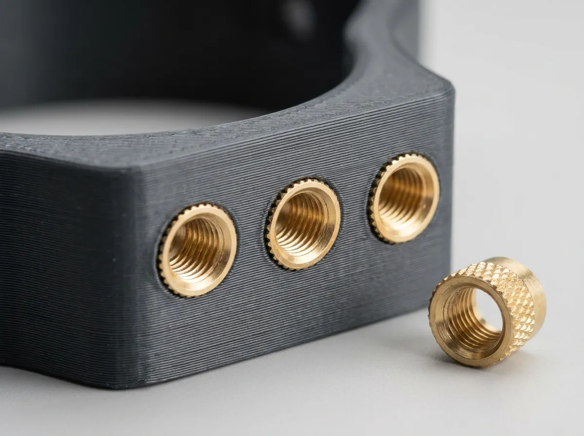 Brass heat-set inserts seated flush into a 3D-printed part