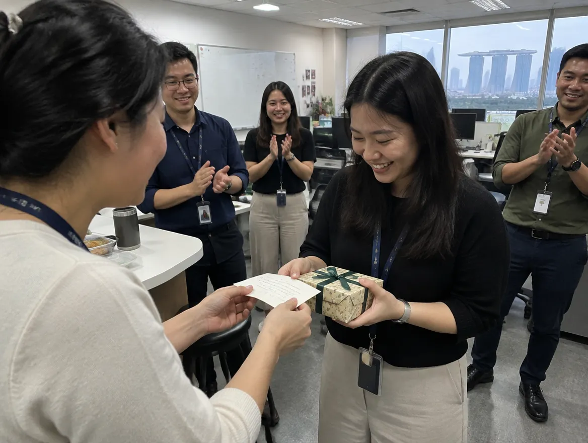 A colleague handing a wrapped gift and a signed card to a smiling coworker who is leaving, with teammates clapping in an office