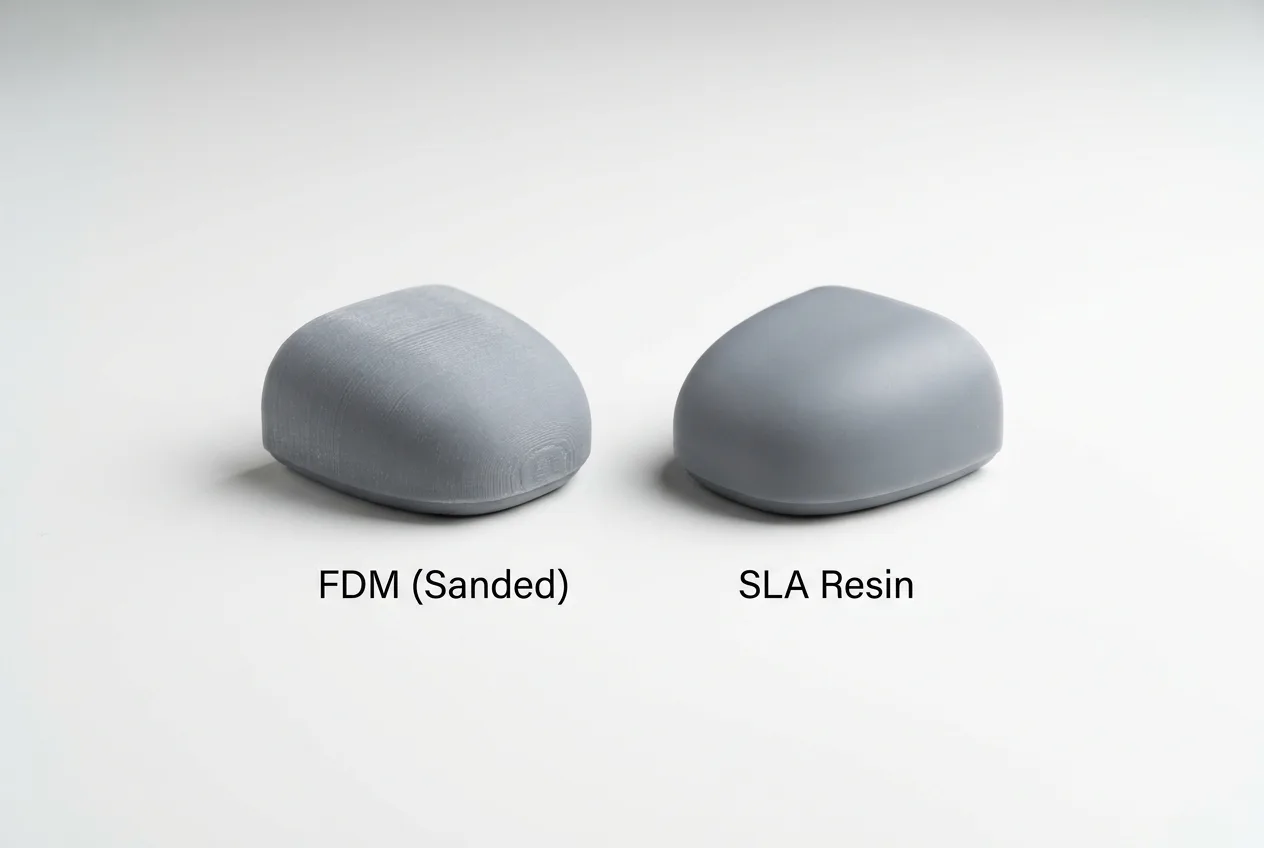 Two identical grey parts side by side: a hand-sanded FDM print with faint layer traces, and an SLA resin print with a uniformly smooth satin surface