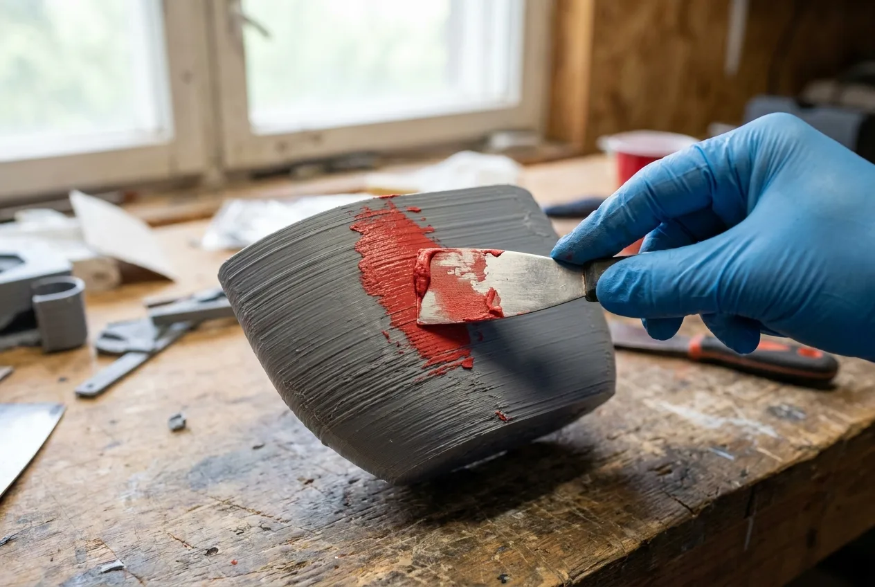 Gloved hand spreading red spot putty over the layer lines of a grey FDM 3D-printed part with a metal spatula