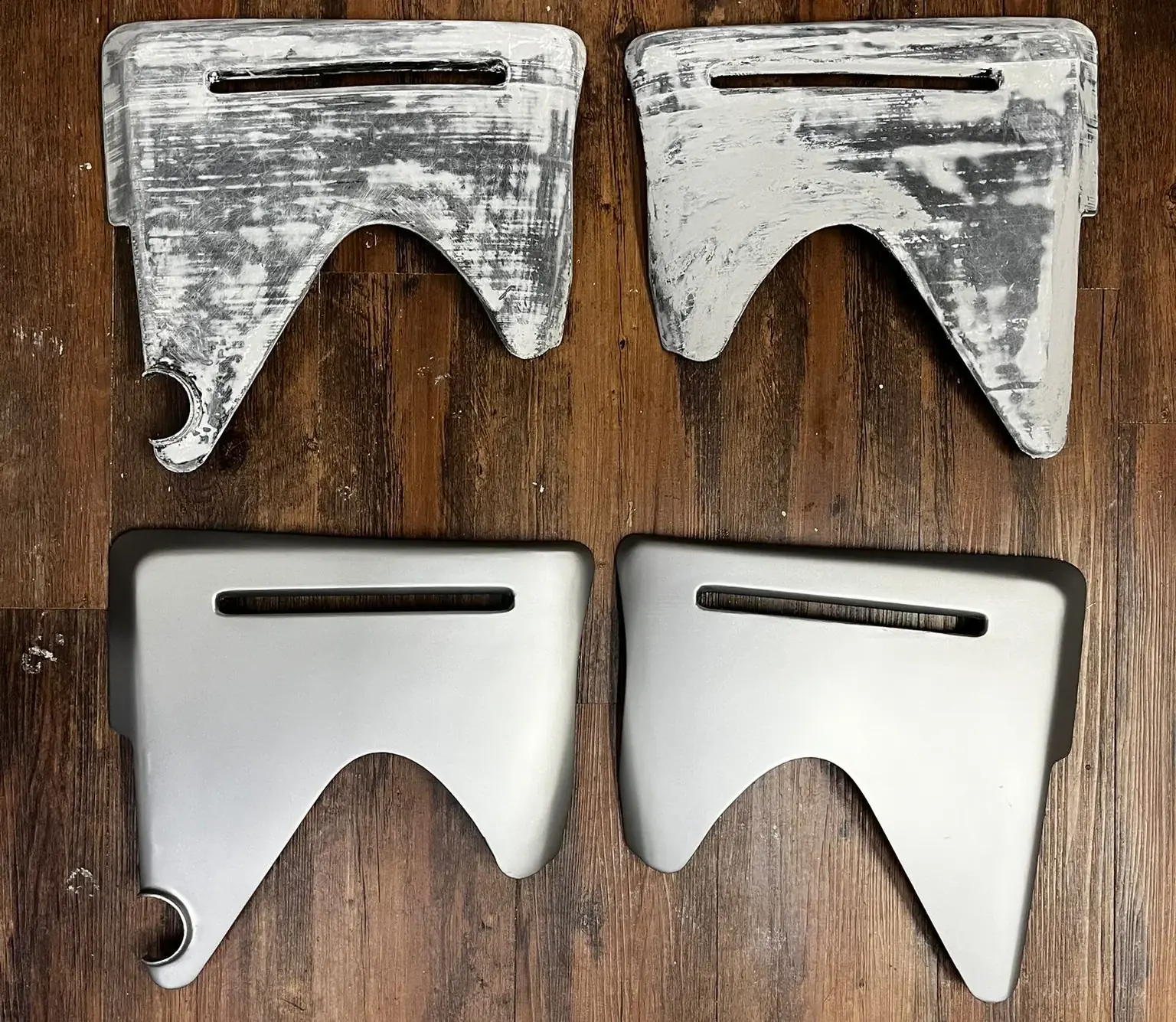 Yamaha side panels before and after 2k paint: the top pair filled and sanded over the grey print, the bottom pair in matte grey 2k automotive paint