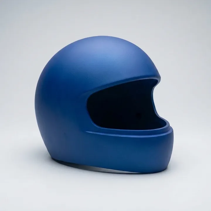 The same blue helmet under a matte 2k clear coat