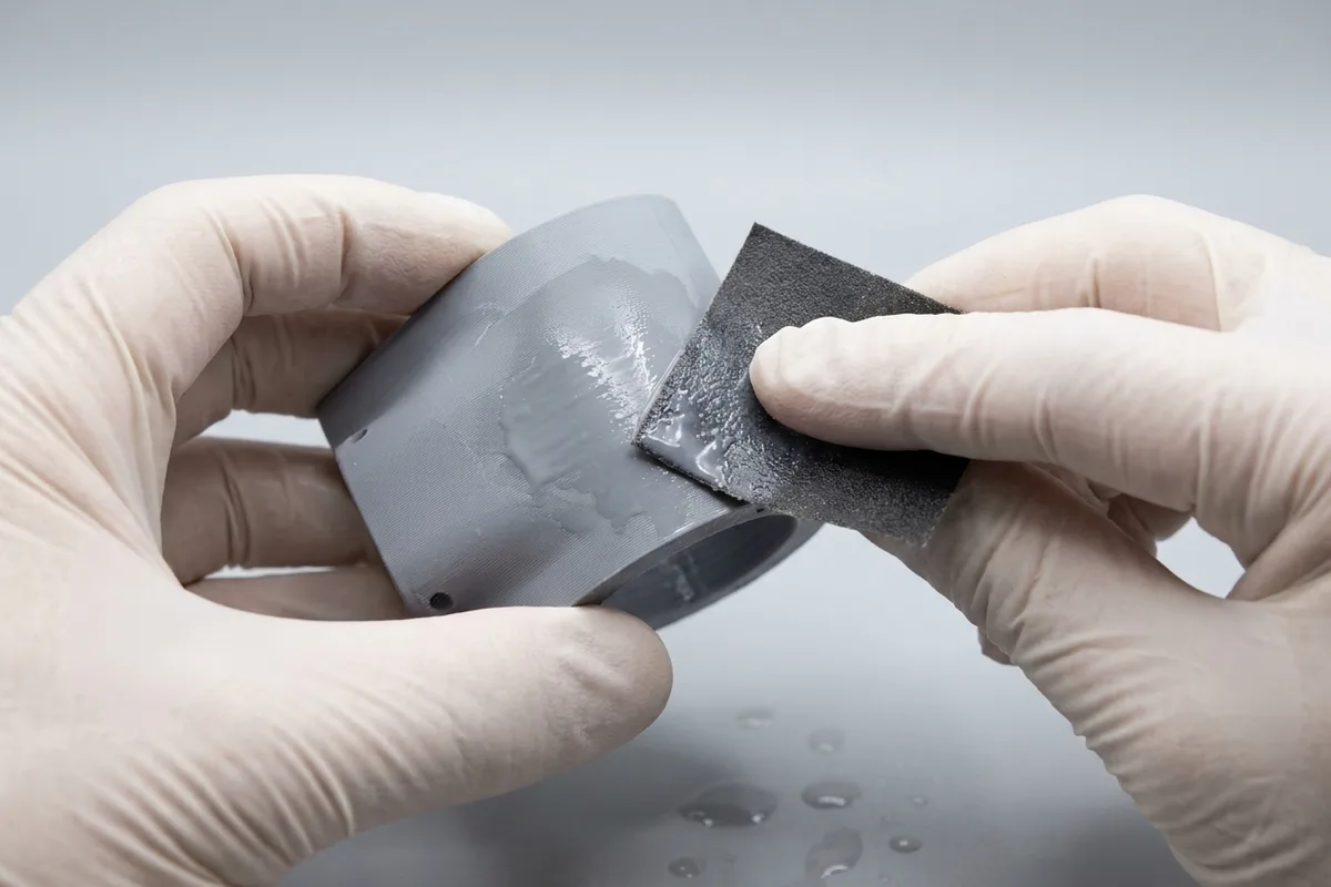 Gloved hands wet-sanding a grey primer-coated 3D-printed part to smooth away layer lines