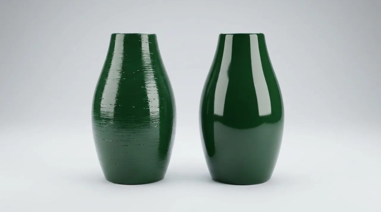 Two identical green 3D-printed vases with the same gloss paint: the left was sprayed over a raw print and shows layer lines telegraphing through the paint, the right was filled and sanded smooth before painting