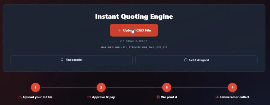 The instant quote start page with an Upload CAD File button, the accepted file types up to 1 GB, Find a model and Get it designed buttons, and four steps: upload your 3D file, approve and pay, we print it, delivered or collect
