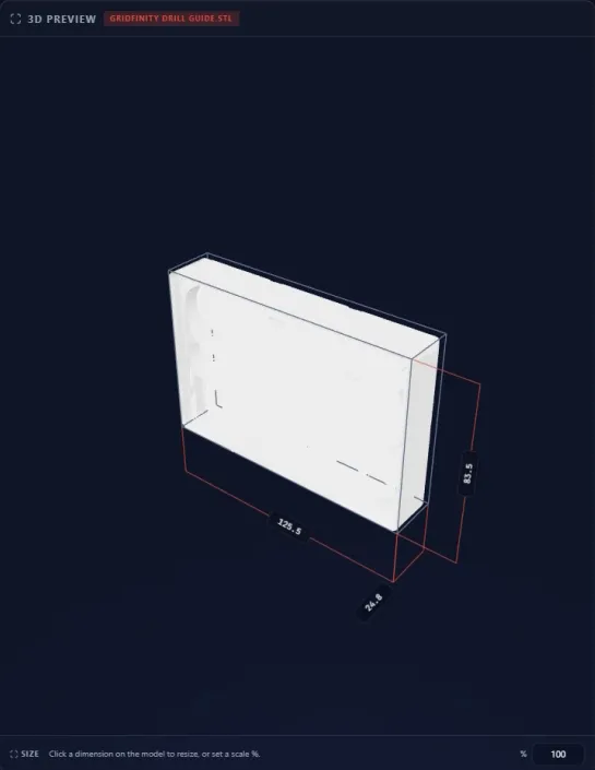 The 3D preview of a white box-shaped part with its width, height and depth marked in millimetres, and a size bar at the bottom set to 100 percent