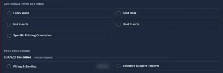Tick boxes for extras such as fuzzy walls, splitting the part, nut inserts, heat-set inserts and a set print direction, and post-processing choices for filling and sanding or standard support removal