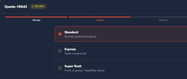The Speed step of checkout with three choices: Standard on the normal production queue, Express for a faster turnaround, and Super Rush at the front of the queue