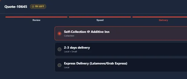 The Delivery step of checkout with three choices: self-collection at Additive Inn, delivery in 2 to 3 days, and express delivery by courier