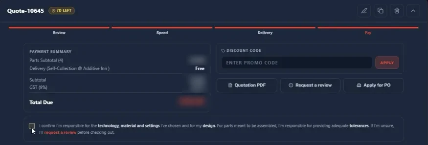 The Pay step of checkout with a payment summary including GST, a discount code box, Quotation PDF and Request a review and Apply for PO buttons, and a tick box confirming the chosen technology, material and settings