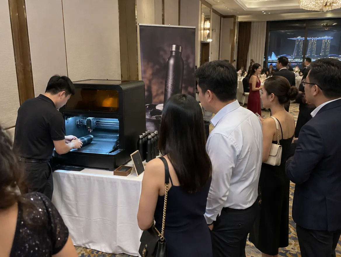 A live engraving booth at a company dinner: a desktop laser engraver on a table with a staff member loading a steel bottle while guests queue and watch