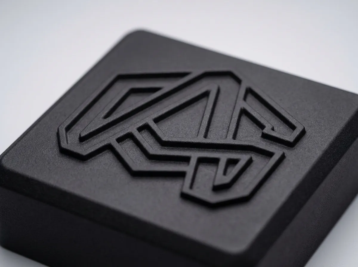 A raised, embossed logo printed in relief on a black 3D-printed part