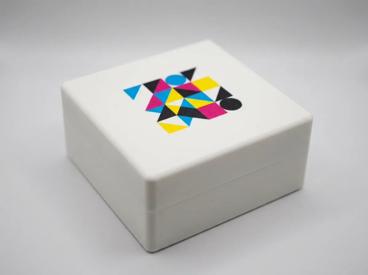 A full-colour logo UV-printed directly onto a white 3D-printed part