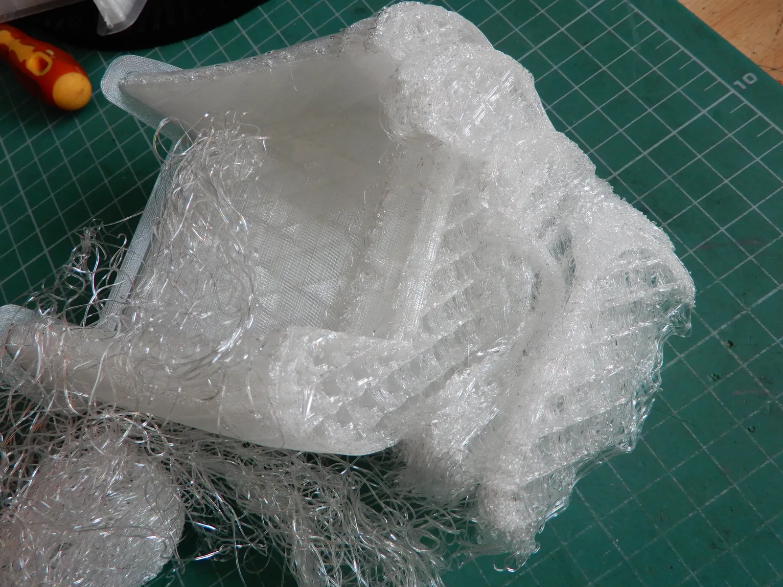 A clear plastic box that peeled off the print bed part-way through printing and collapsed into loose strands