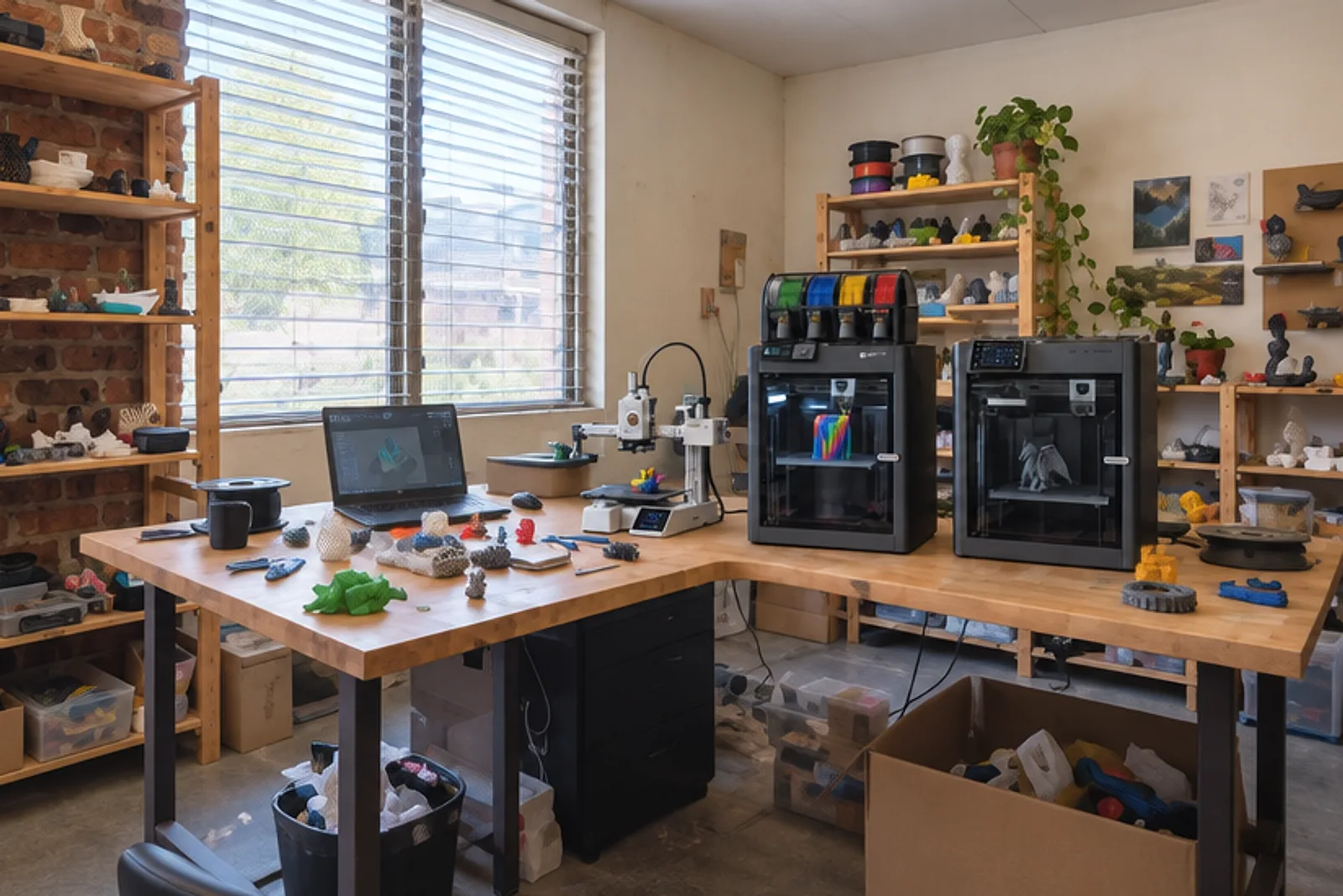 Illustration of the three printers we rent, an open-frame A1 Mini, a P1S with a four-colour filament unit and an X1C, on a wooden workbench in a maker studio