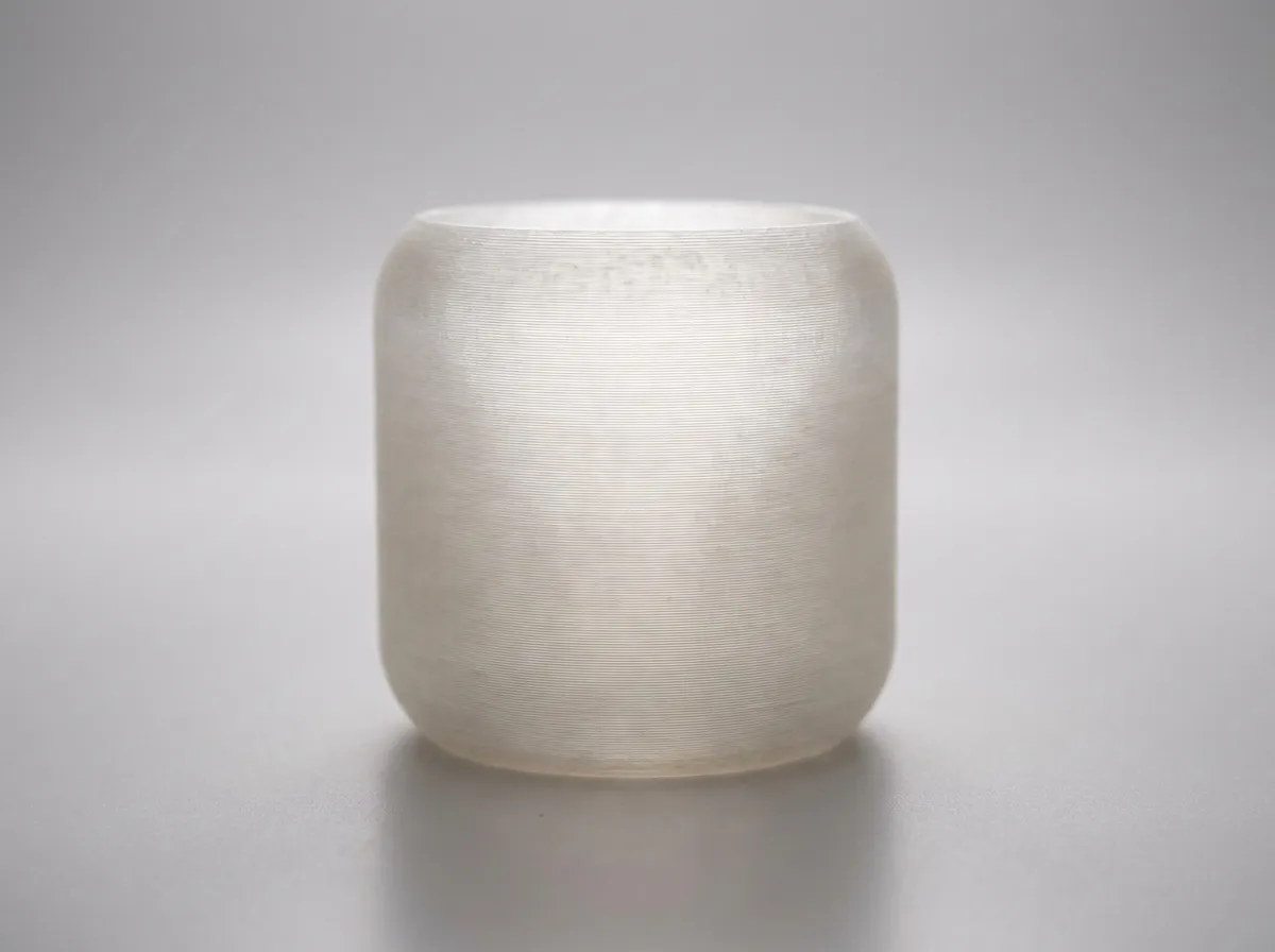 Clear-filament FDM print with visible layer lines and a frosted, semi-translucent look