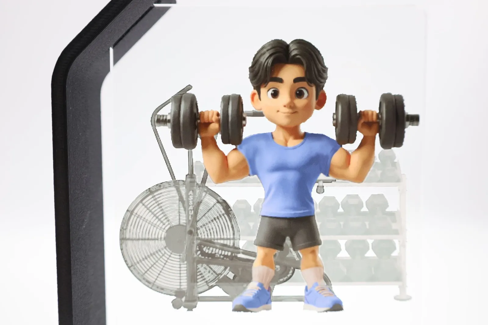 A full-colour cartoon of a man lifting dumbbells in front of gym equipment, printed on a clear acrylic panel held in a black stand