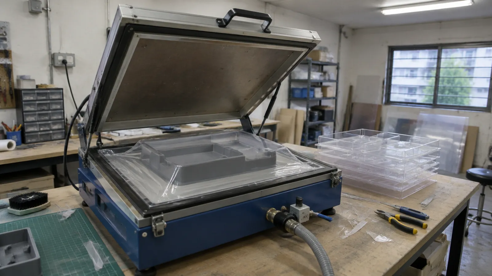 A benchtop vacuum former in a workshop, a clear plastic sheet pulled tight over a grey 3D printed mould, with trimmed clear trays stacked beside it