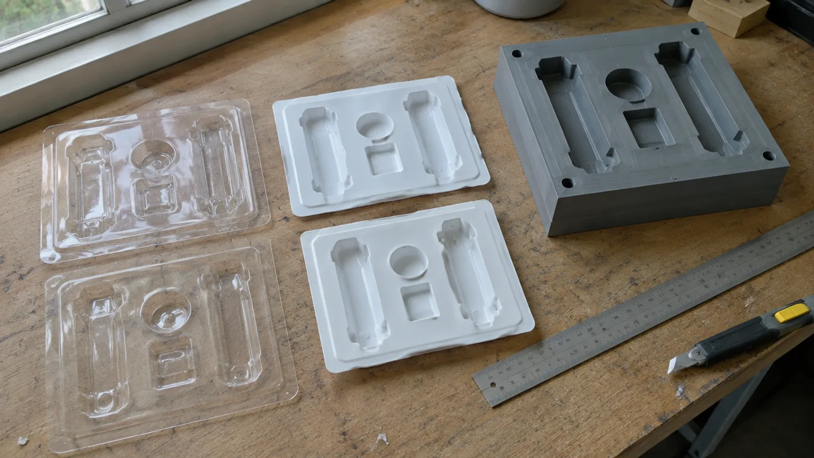 Clear and white formed packaging trays with part-shaped pockets beside the grey 3D printed mould they were formed on, a steel ruler and knife nearby
