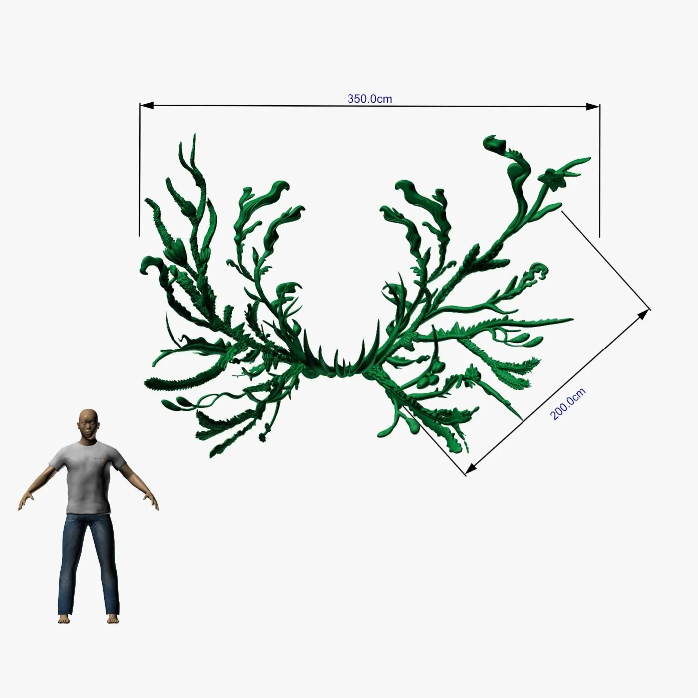 Digital sculpt of the antlers dimensioned at 350 cm by 200 cm next to a human figure for scale