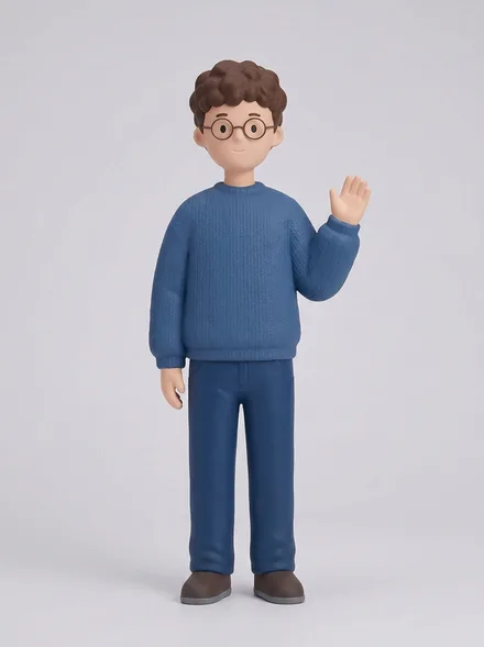 Standard example: a clean, simple figurine with flat colours and dot eyes
