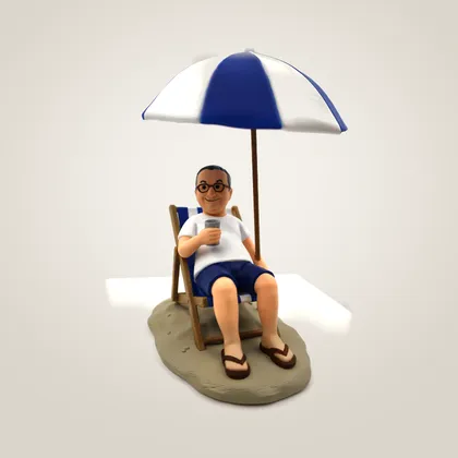 A hand-painted figurine of a man with a drink in a deck chair under a blue and white beach umbrella