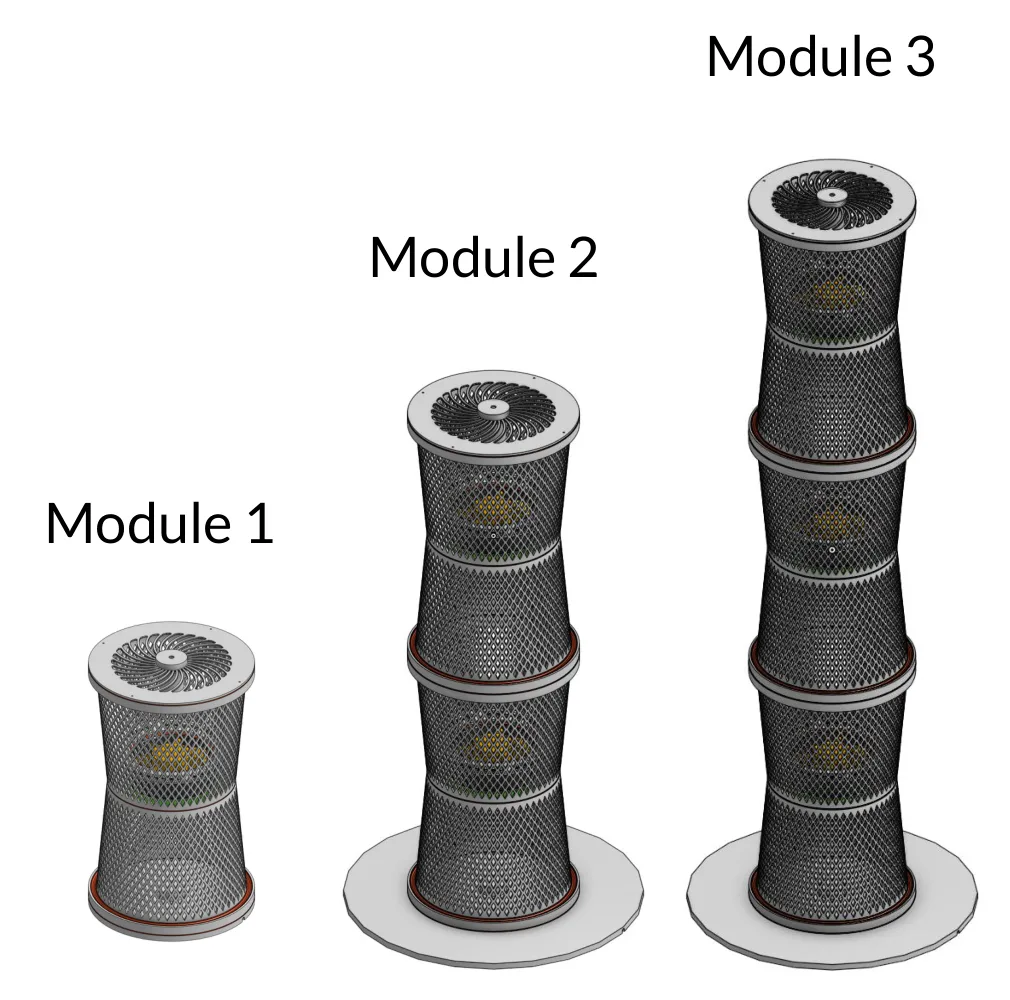 Render of the stacking design: one module on its own, two modules stacked on a round base, and three modules stacked on a round base
