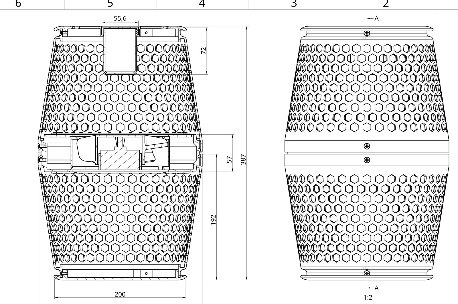 Drawing of the first housing, 387 mm tall and 250 mm across, in section and side view: hexagonal vents above and below a central band holding the fan