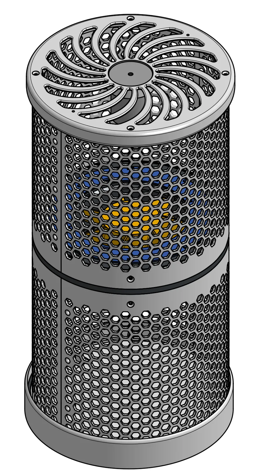 Shaded drawing of the table lamp version: a tall perforated cylinder in grey and white with a swirl-vented top cover and the fan visible inside