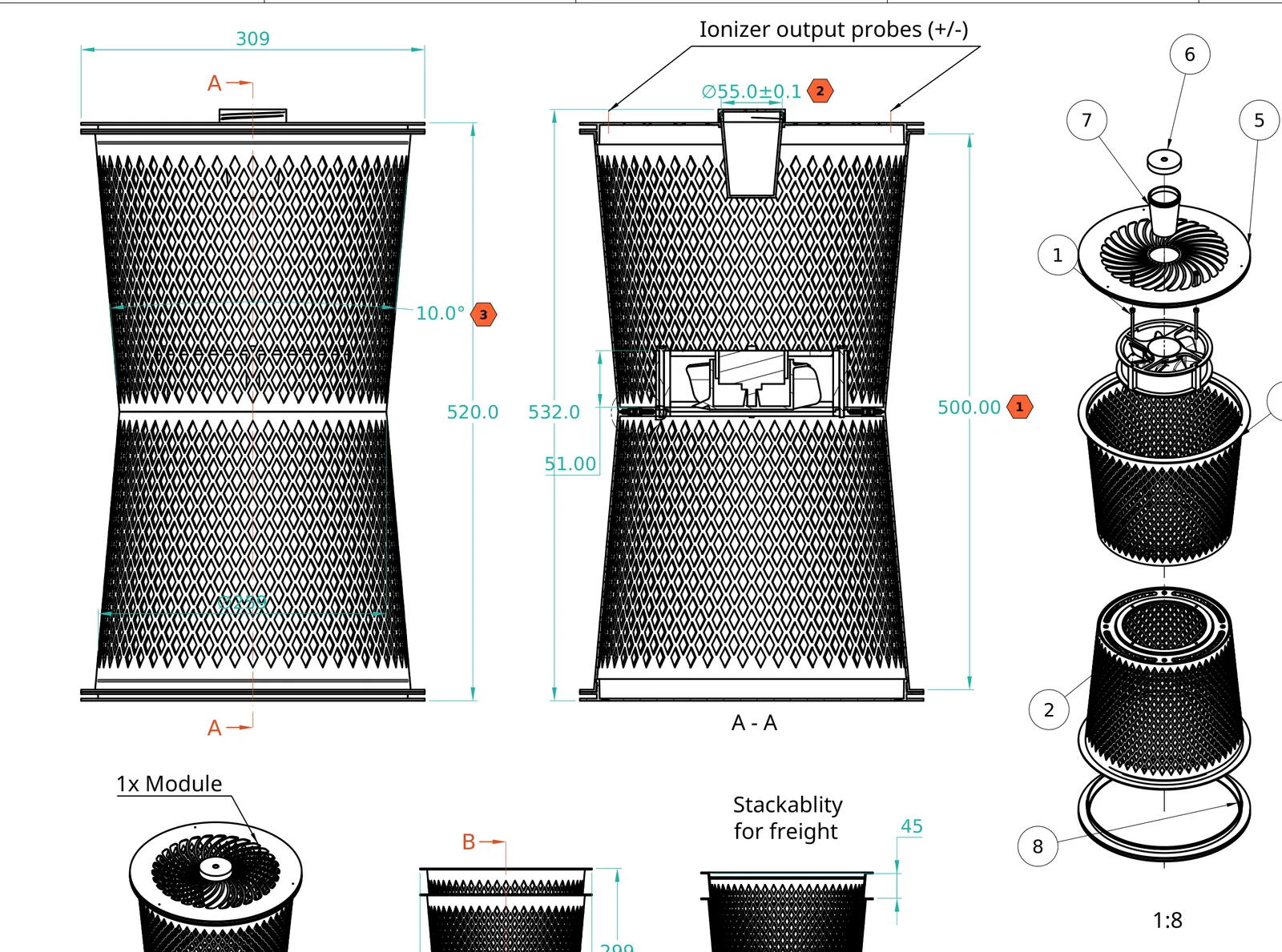 Assembly drawing of one module, 309 mm across and 520 mm tall, in side view, section and exploded view, with the halves shown nested for shipping