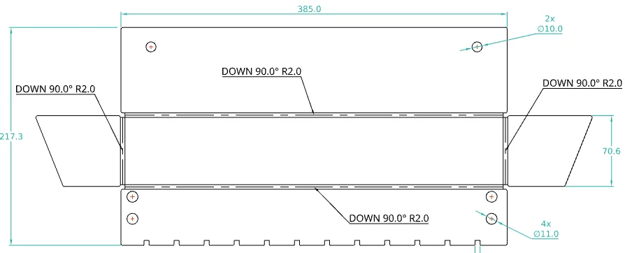 Flat pattern drawing of the holder, 385 mm long: four 90 degree bend lines, holes in the walls and a row of twelve notches along one edge