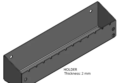 CAD view of the holder: a long open tray with angled ends, a row of notches along the front wall and round holes in the walls, labelled 2 mm thick