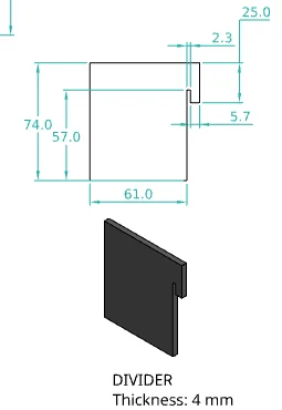 Drawing of one divider, 61 mm wide and 74 mm tall, with a narrow slot near one top corner, and a CAD view below labelled 4 mm thick