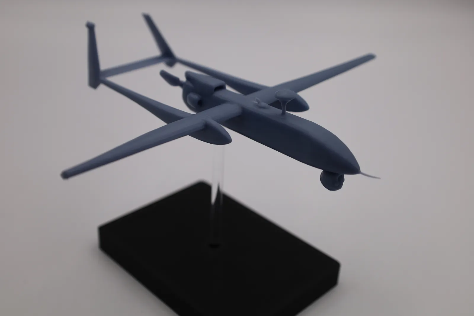 The finished model from above and in front, showing the twin tail booms joined by the rear stabiliser and the propeller