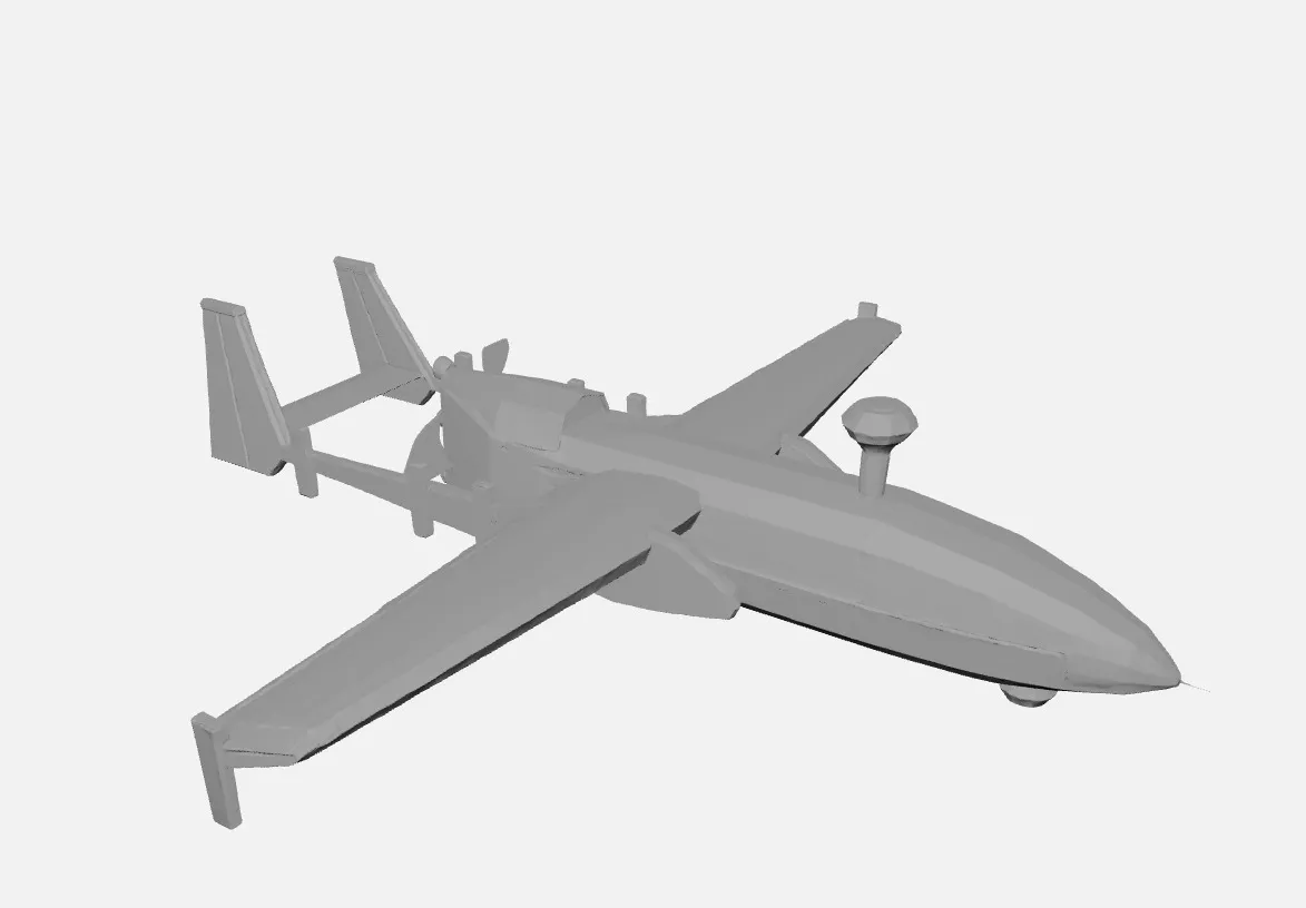Render of the first AI-generated Heron 1 model: a bulky grey body with twin tail booms and a dome on top
