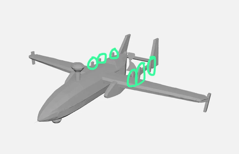 The first model render with green circles drawn by the client around the antennas he wanted removed
