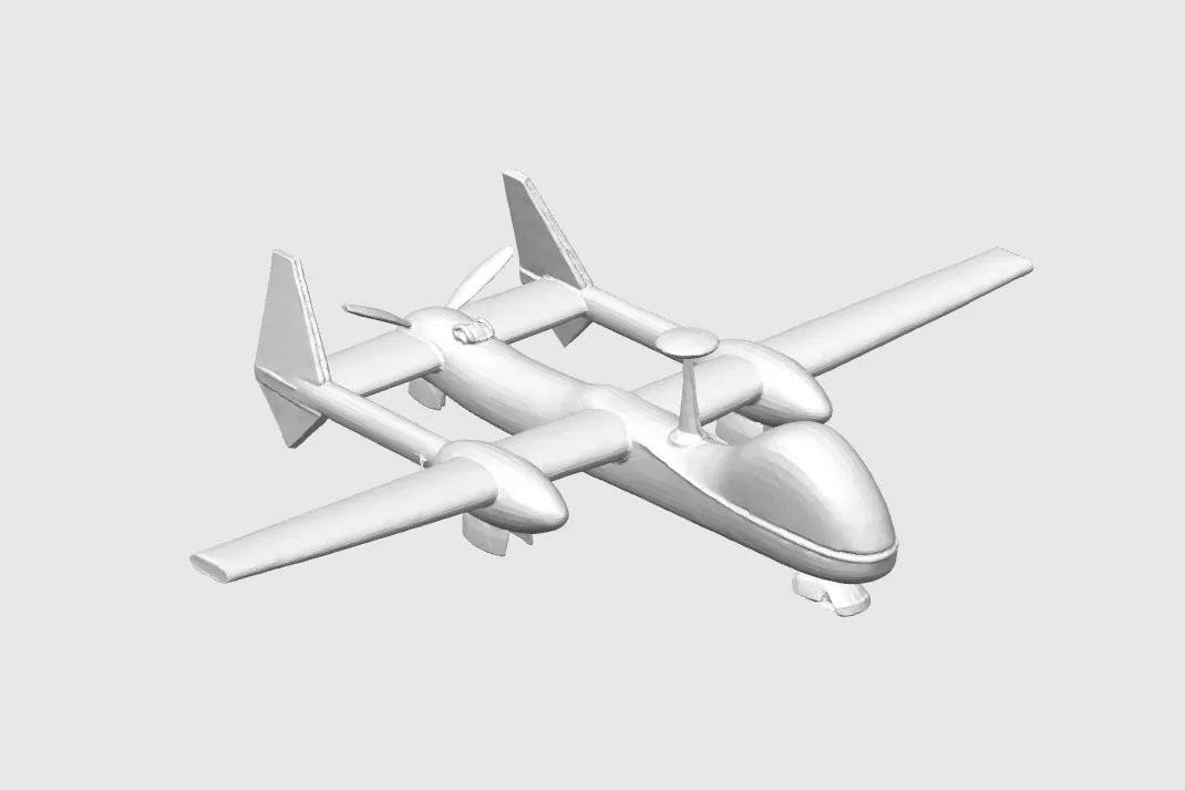 Render of the second version: a rounded white body with two engine pods, far from the real Heron 1