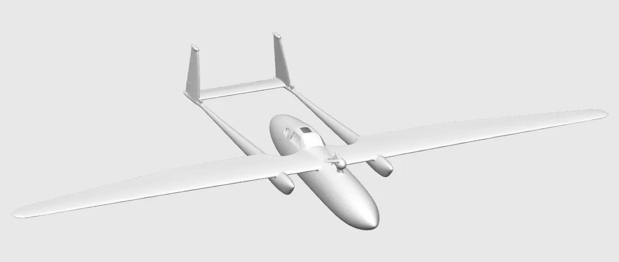Render of the third version: a slim white body with long straight wings and twin tail fins