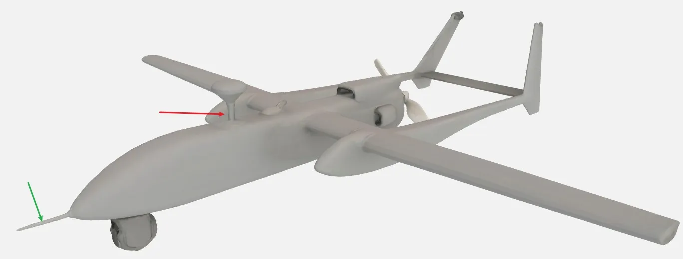 Render of the approved grey Heron 1 model, with arrows marking the thin nose probe and the thin antenna mount