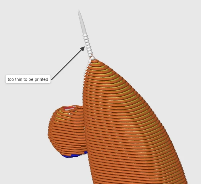 Print preview of the drone's nose in layers, with the thin probe in front labelled too thin to be printed
