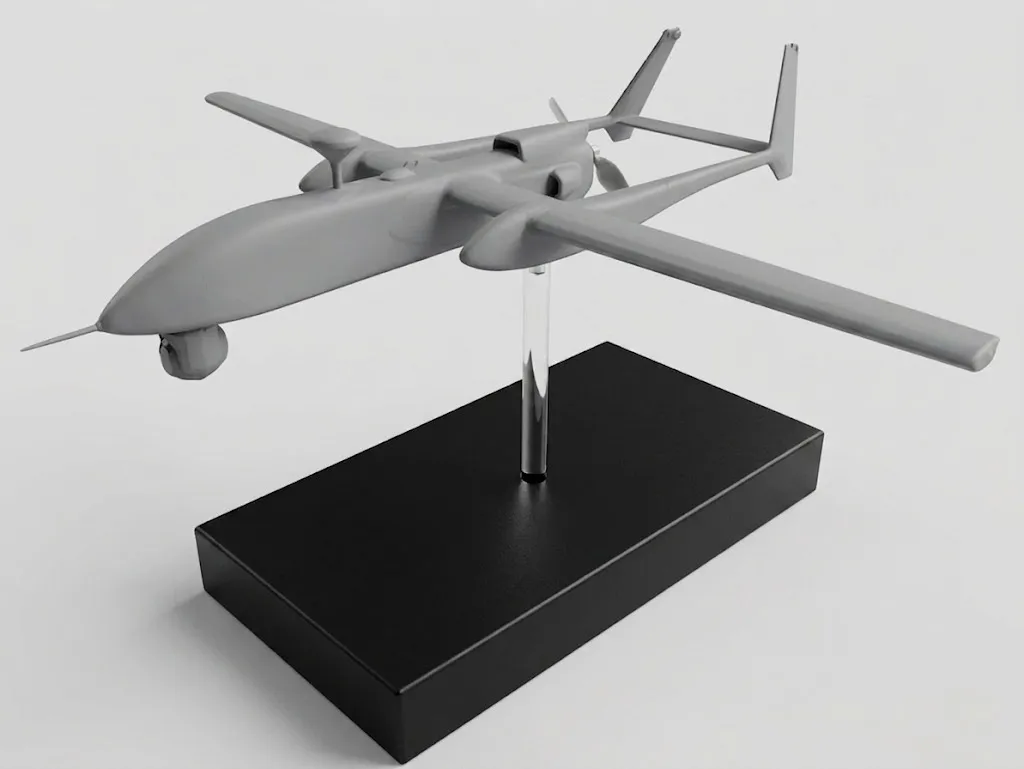 Render of the grey Heron 1 model held above a black rectangular base on a clear acrylic rod