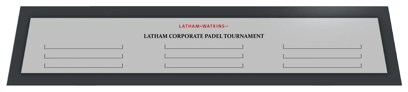 Render of the revised plate with the firm's name and tournament title above three columns of three blank engraving lines