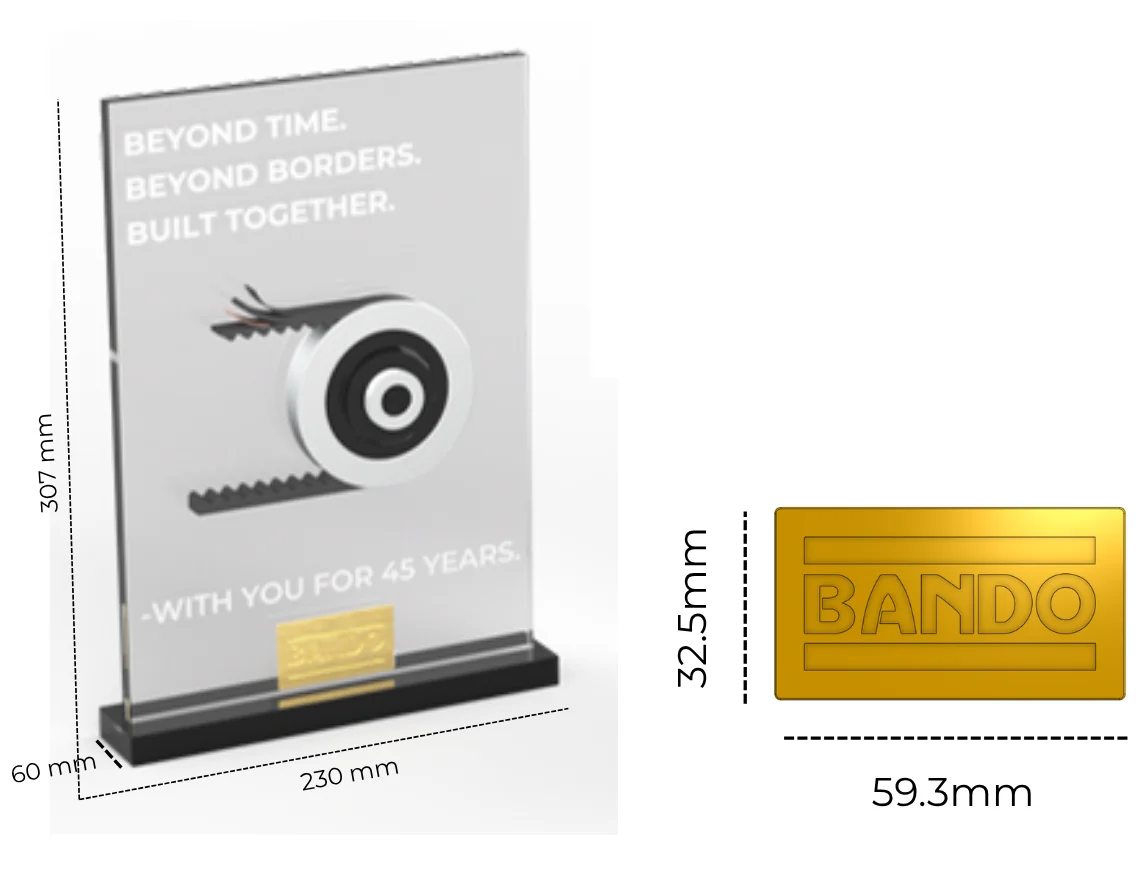 Render of the award design with its sizes, 307 mm high, 230 mm wide and 60 mm deep, beside the gold BANDO bar at 59.3 by 32.5 mm