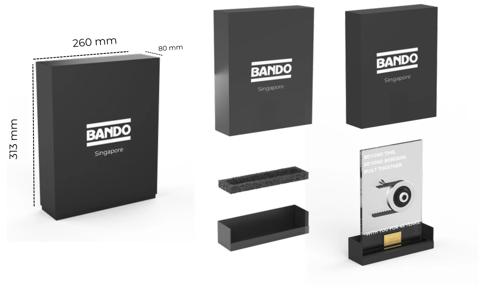 Render of the black BANDO Singapore gift box at 260 by 313 by 80 mm, its lid, foam insert and tray, and the award standing in the tray