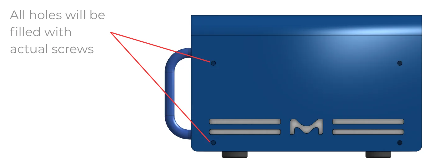 Side view drawing of the Master Controller replica with its carry handle and side vents, with notes that every hole will take a real screw