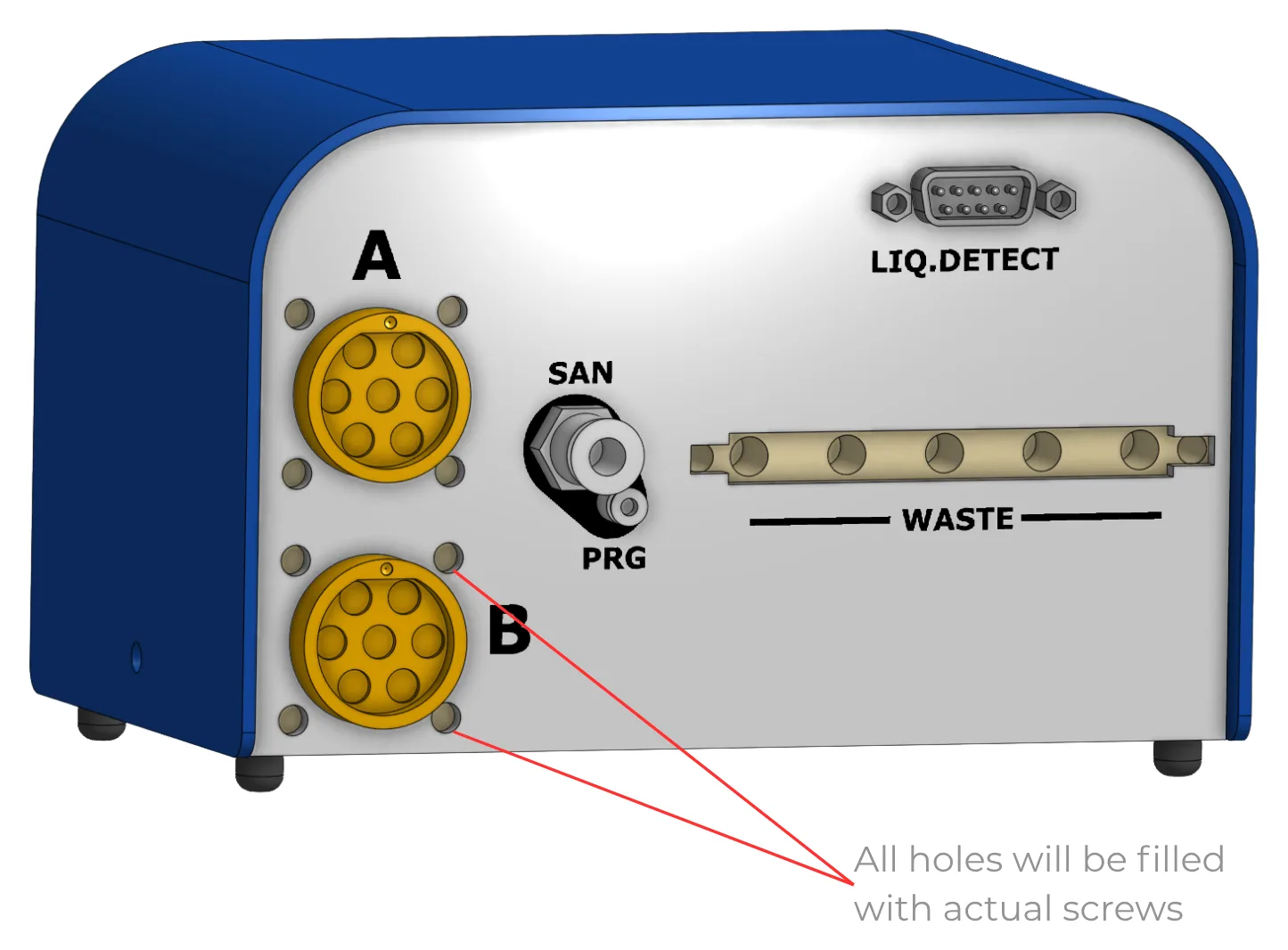Drawing of the Sample Navigator's back panel with connectors A and B, the SAN/PRG valve, the LIQ.DETECT socket and the waste manifold