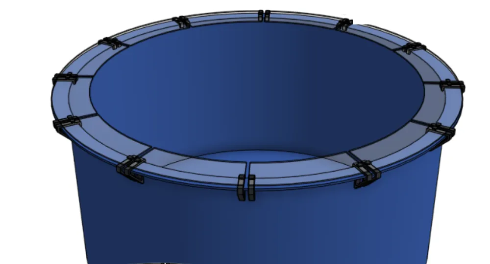 Render of a blue round fish tank with a clear acrylic ring of twelve segments around its rim, each joint held by a black bracket